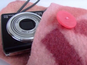 Pink felt camera case with button detail